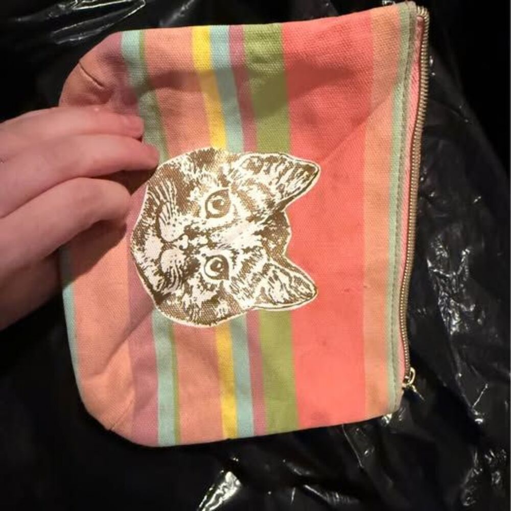 Striped Canvas Cat Zipper Pouch Bag